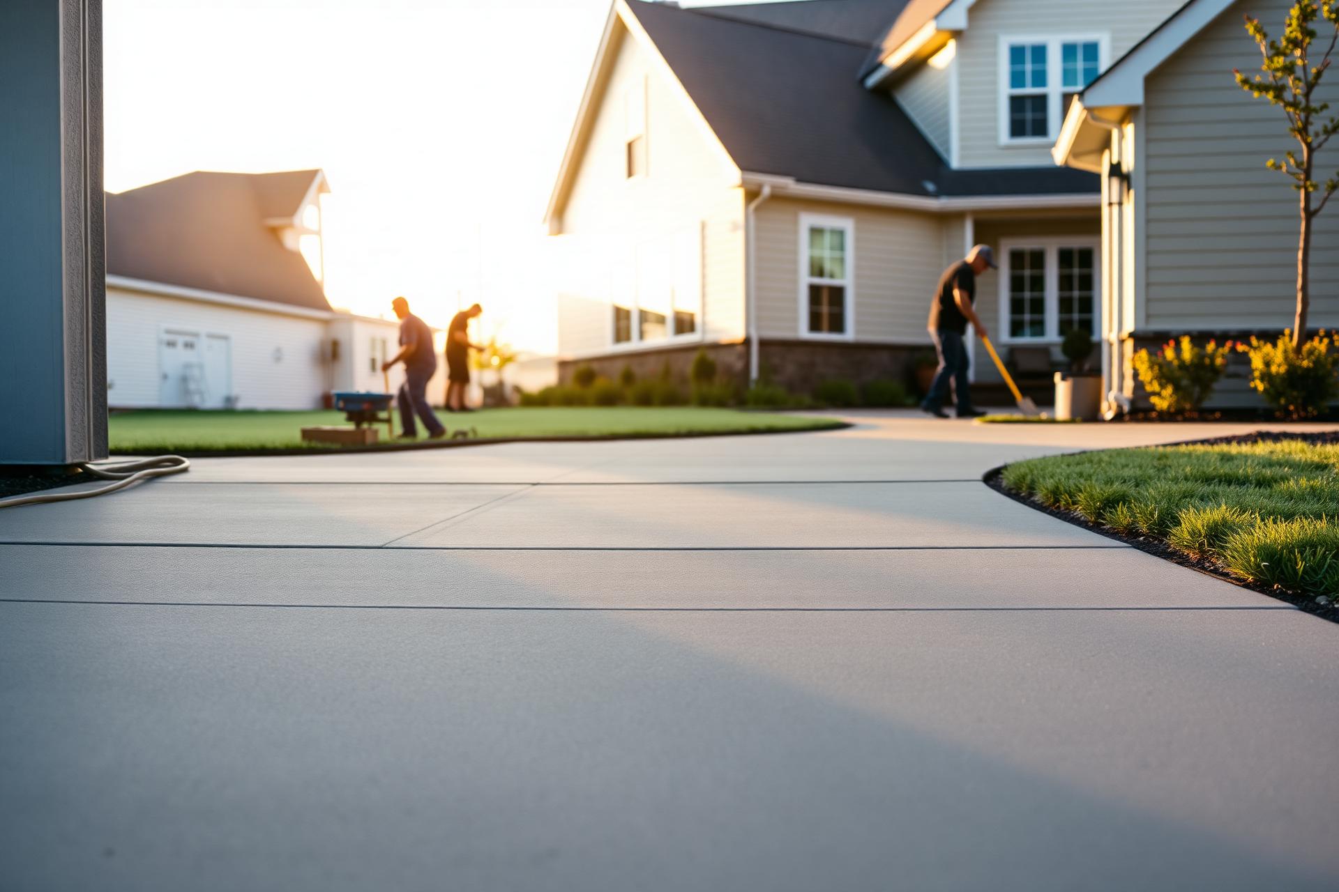 Freshly poured concrete driveway at a suburban home